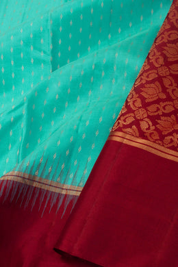 Minty Teal Blue Handloom Kanjivaram Soft Silk Saree With Striped Butta Design 10076788