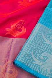 Crimson Kissed Pink Handloom Kanjivaram Soft Silk Saree With Peacock Motifs Design And Peacock Border 10076793