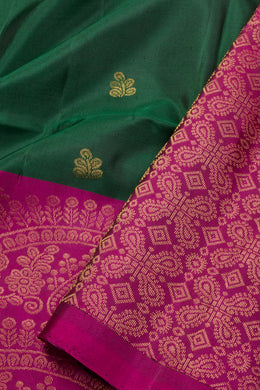 Deep Woodland Green Handloom Kanjivaram Soft Silk Saree With Leaf Butta Design And Floral Border 10076802