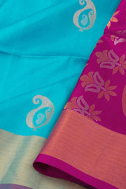 Seaside Teal Blue Handloom Kanjivaram Soft Silk Saree With Paisley Design And Zari Border 10076805