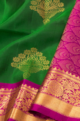 Forest Ivy Green Handloom Kanjivaram Soft Silk Saree With Floral Motifs Design And Floral Border 10076813