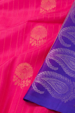 Hot Fuchsia Pink Handloom Borderless Kanjivaram Soft Silk Saree With Stripes And Floral Motifs Design 10076815
