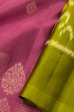 Blush Berry Pink Handloom Borderless Ikat Kanjivaram Soft Silk Saree With Floral Motifs Design 10076818