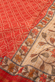 Red Bandhani Print Semi Linen Saree 10077257