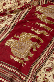 Beige and Red Kani Printed Silk Saree 10077874