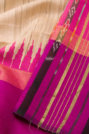 Beige Handloom Khadi Tussar Silk Saree with Ikat Pallu 10073092