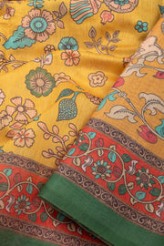Yellow Kalamkari Print Malai Cotton Saree