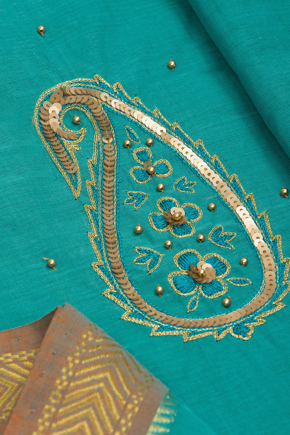 Teal Blue Aari Embroidered Mangalgiri Cotton Blouse Material 10062417