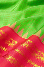 Parrot Green Gadwal Kuttu Handloom Silk Saree With Temple Border 10077204