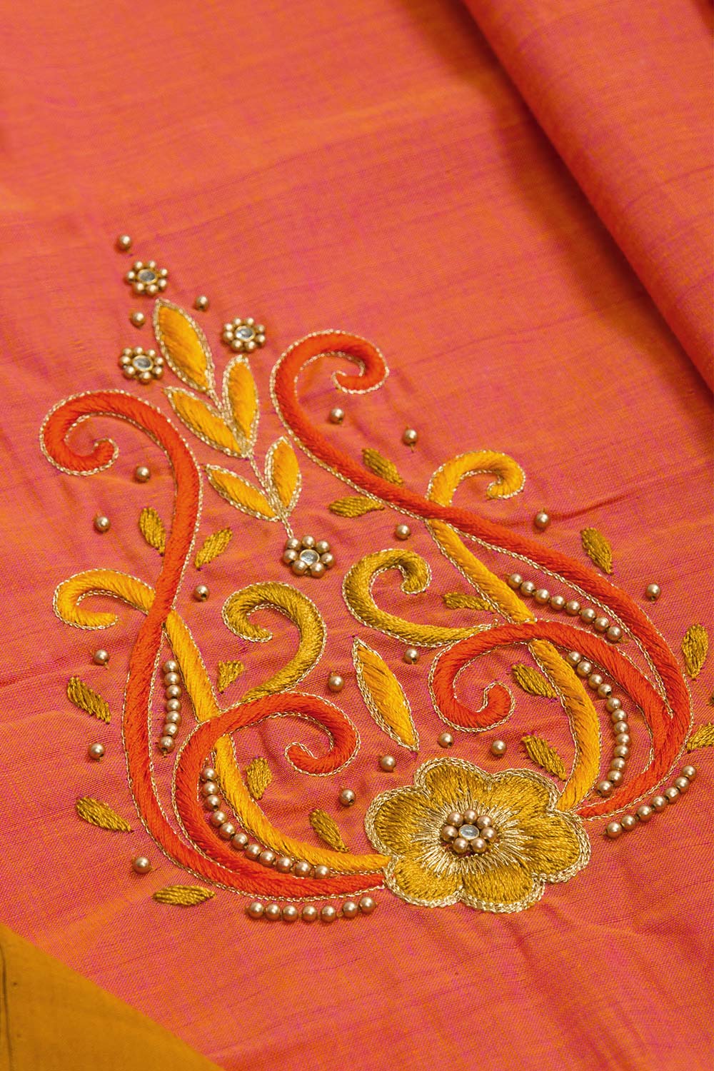 Pastel Orange Aari Embroidered Mangalgiri Cotton Blouse Material 10062427