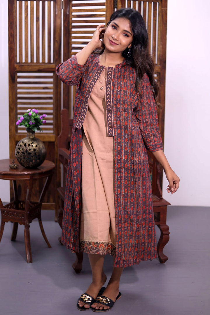 Peach Embroidered Cotton Dress with Jacket 10062660