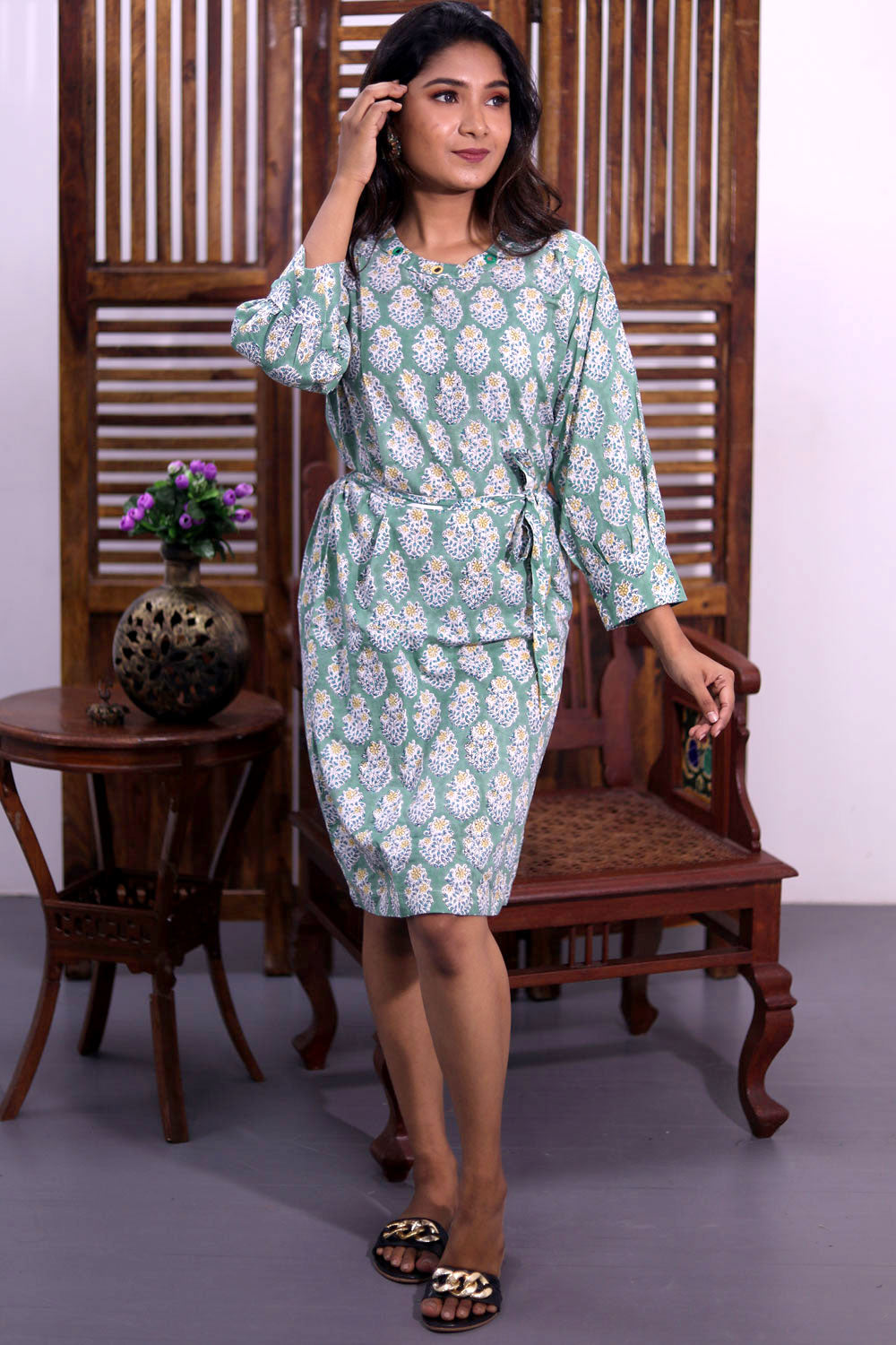 Sage Green Hand Block Printed Cotton Dress 10062647