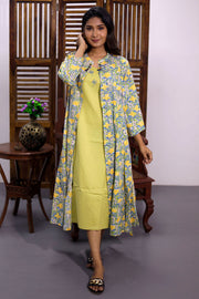 Pista Green Hand Block Printed Midi Coat Cotton Dress With Jacket 10062676