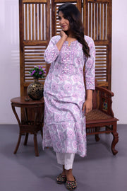 Pastel Purple Hand Block Printed Cotton Kurta 10072426