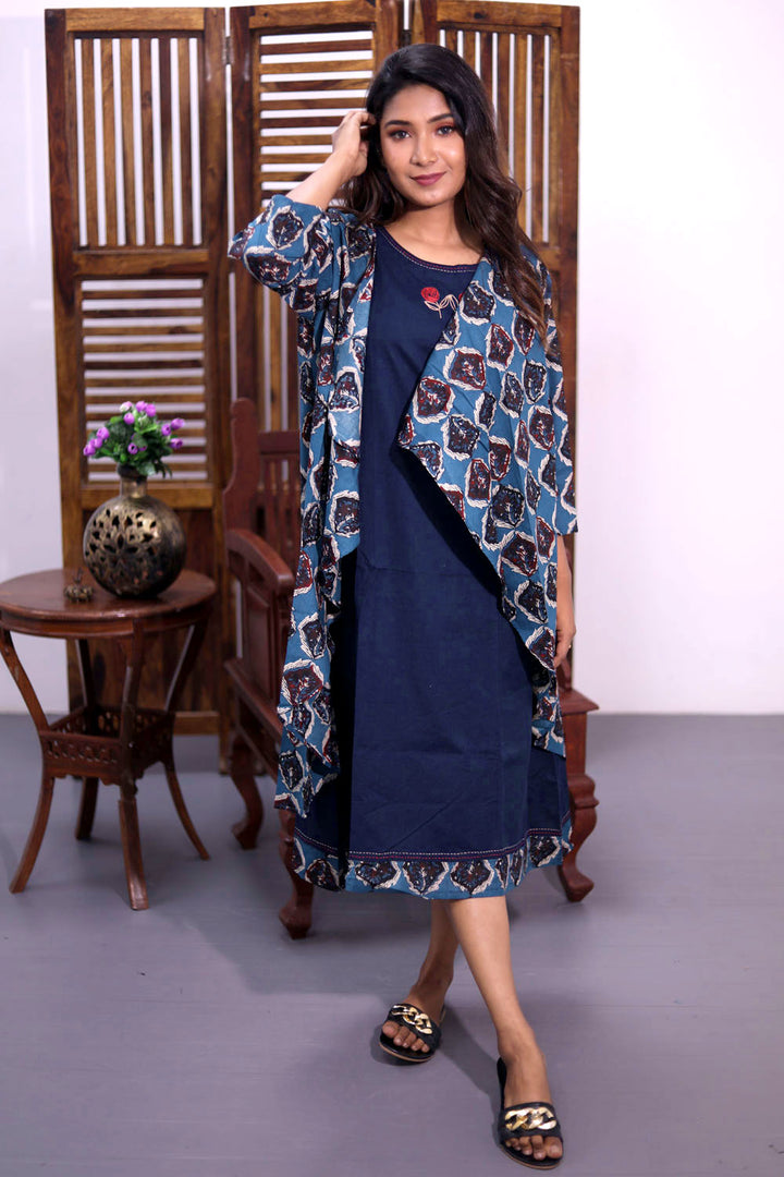Blue Hand Embroidered Cotton Dress with Jacket 10062667