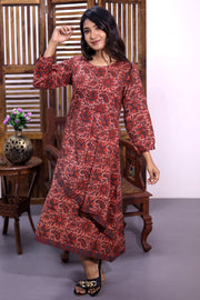 Rosewood Pink Hand Block Printed Cotton Dress 10062674