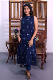 Navy Blue Handloom Cotton Dress with High Neck Design 10062662