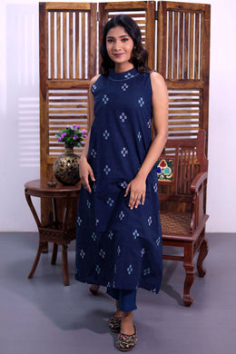 Navy Blue Handloom Cotton Dress with High Neck Design 10062662