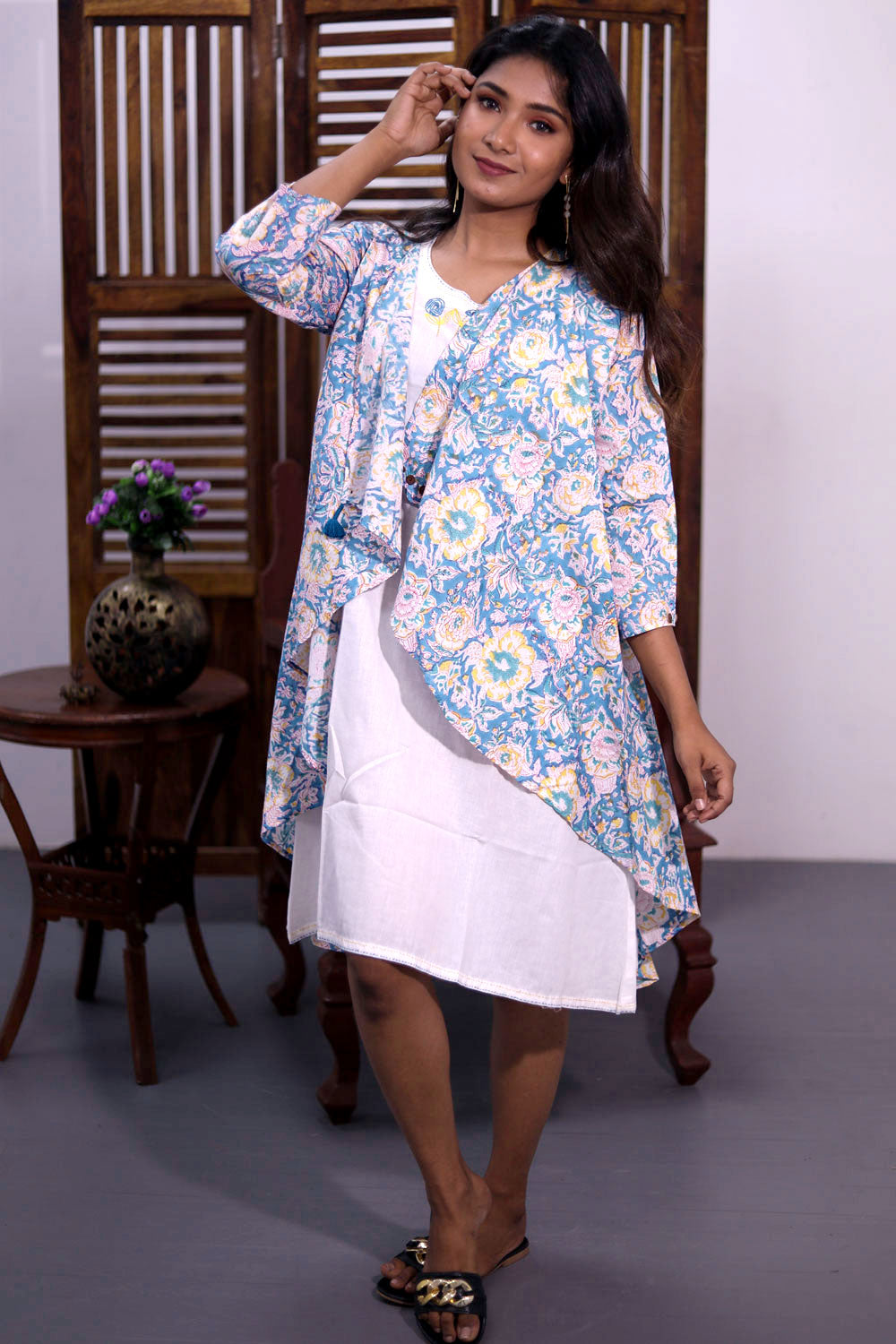 White Embroidered Cotton Dress With Printed Jacket 10062675