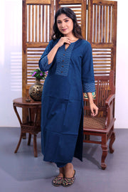 Blue Hand Block Cotton Kurta with Embroidered Yoke 10062688