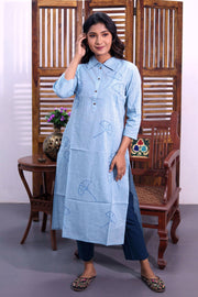 Powder Blue Embroidered Cotton Shirt Style Kurta 10062699