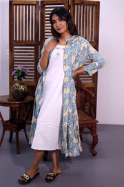 White Embroidered Midi Coat Cotton Dress with Blue Jacket 10062673