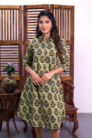 Green Hand Block Printed Cotton Dress 10062672