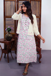 Offwhite Hand Block Printed Midi Coat Cotton Dress With Jacket 10062642