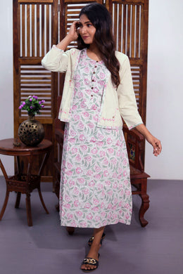 Offwhite Hand Block Printed Midi Coat Cotton Dress With Jacket 10062642