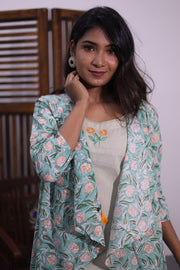 Blue Printed Midi Coat Cotton Dress With Jacket 10062645