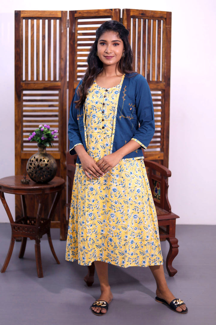 Yellow Hand Block Printed Cotton Dress With Jacket 10062643
