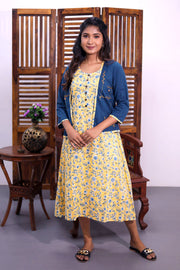 Yellow Hand Block Printed Midi Coat Cotton Dress With Jacket 10062643