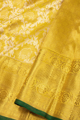 Vibrant Yellow Kanjivaram Pure Zari Handloom Tissue Silk Saree with Kodimalar & Elephant Motifs 10074756