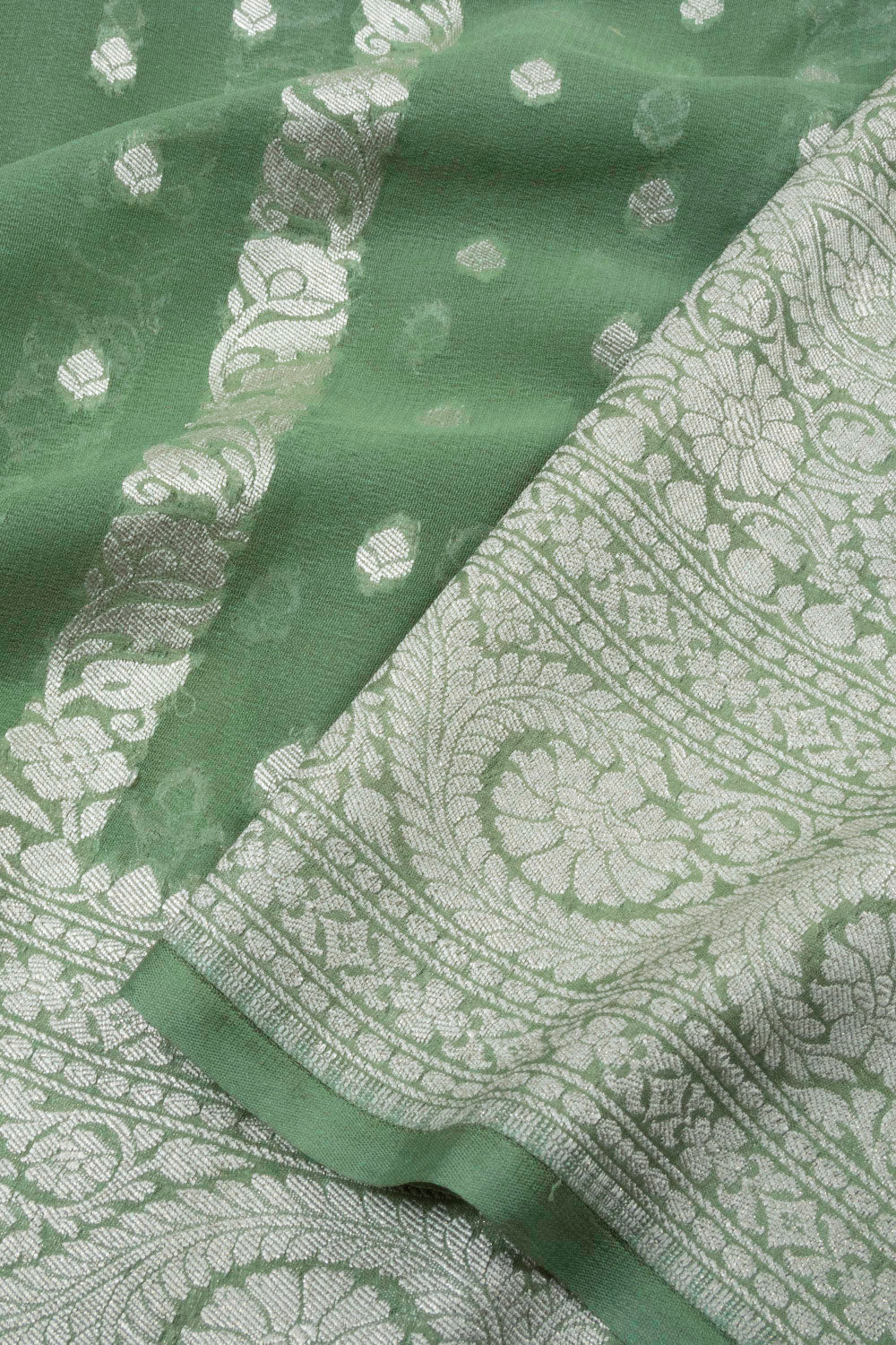 Spanish Green Handcrafted Banarasi Khaddi Georgette Saree 10063212