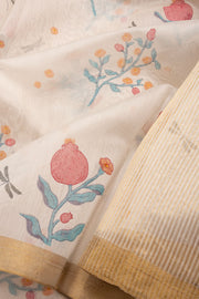 Cream Handloom Printed Chanderi Silk Cotton Saree