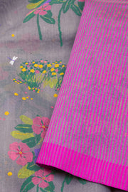 Grey Chanderi Printed Silk Cotton Saree 10075361