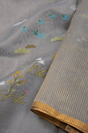 Grey Chanderi Printed Silk Cotton Saree 10075373
