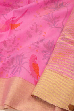 Pink Chanderi Printed Silk Cotton Saree 10075926