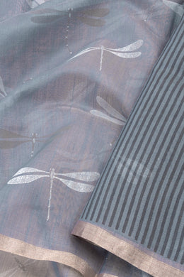 Grey Chanderi Printed Silk Cotton Saree 10075929
