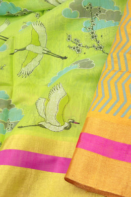 Green Chanderi Printed Silk Cotton Saree 10075930