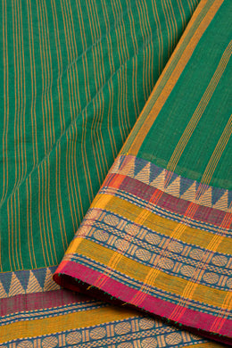 Rainforest Green Handloom Chettinad Cotton Saree With Stripes And Temple Border 10075811