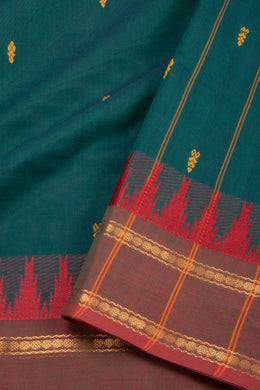 Rainforest Teal Green Handloom Chettinad Cotton Saree With Temple Border 10075824