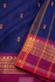 Royal Dusk Blue Handloom Chettinad Cotton Saree With Temple Border 10075831