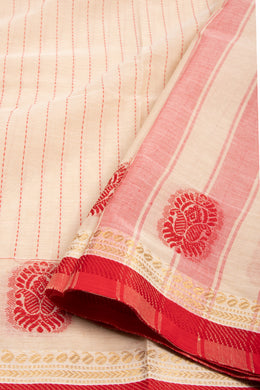 Beige Handloom Chettinad Cotton Saree With Stripes And Floral Border 10075836