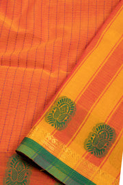 Orange Handloom Chettinad Cotton Saree With Stripes And Floral Border 10075837