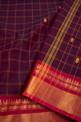 Earthwood Brown Handloom Chettinad Cotton Saree With Check Designs And Temple Border 10075842
