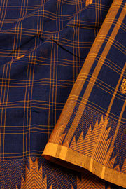 Ink Blue Handloom Chettinad Cotton Saree With Checks And Temple Border 10075843