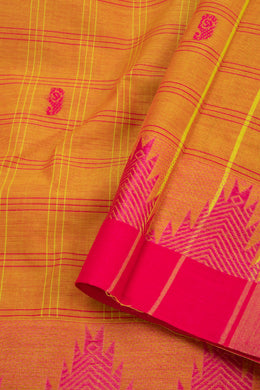 Marigold Spice Yellow Handloom Chettinad Cotton Saree With Checks Design And Temple Border   10075845