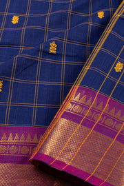 Midnight Ocean Blue Handloom Chettinad Cotton Saree With Checks And Temple Border 10075847