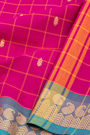 Raspberry Magenta Handloom Chettinad Cotton Saree With Checks And Paisley Border 10075849